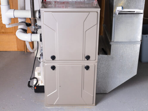 Double stage gas furnace in the basement of a Roseburg home